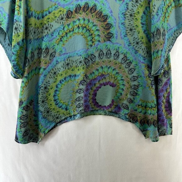 Tianello Blouse Womens M Boho Tunic Silk Printed Kimono Sleeve Asymmetric Green - Picture 4 of 11